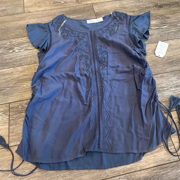 Blue Ruffle Scrunch Side Tie Tank Blouse Top - Picture 1 of 5